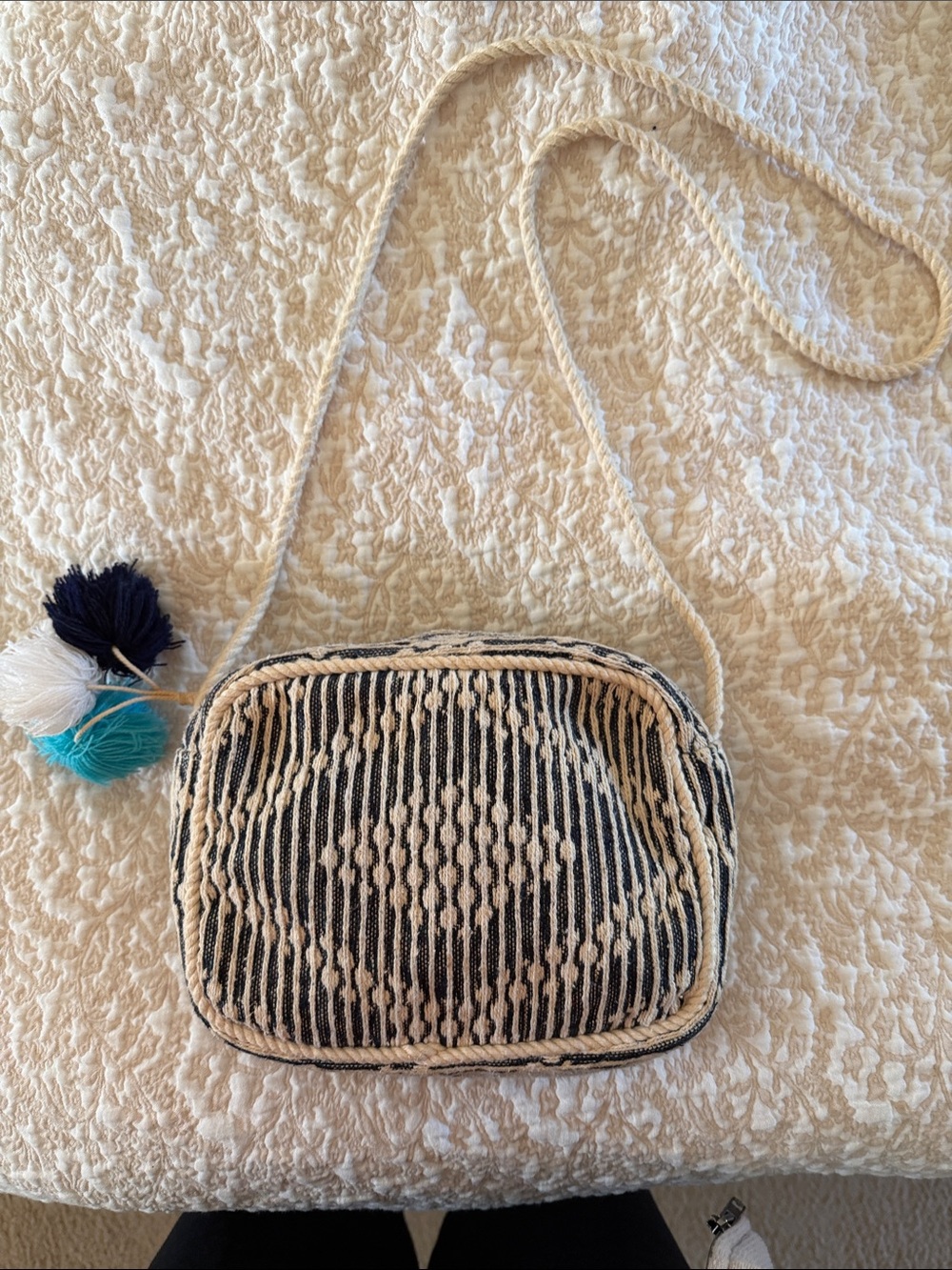 Woven Navy and Cream Crossbody Bag with Pom Tassel